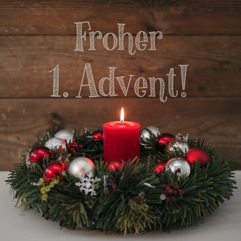 Ein Adventskanz mit einer brennenden Kerze: "Froher 1. Advent"  KI-generiertes Bild