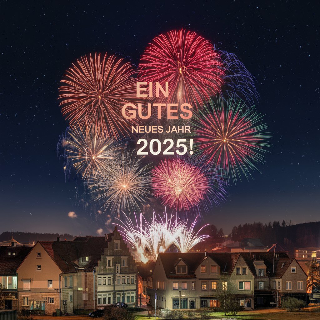 KI-generiertes Bild eines Silvesterfeuerwerks über einer Stadt mit dem Text "Ein gutes neues Jahr 2025!"