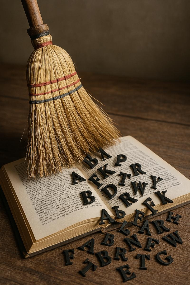 Ein Besen in Aktion, der Worte und Buchstaben wie Herbstlaub durch die Seiten eines aufgeschlagenen Buches wirbelt.