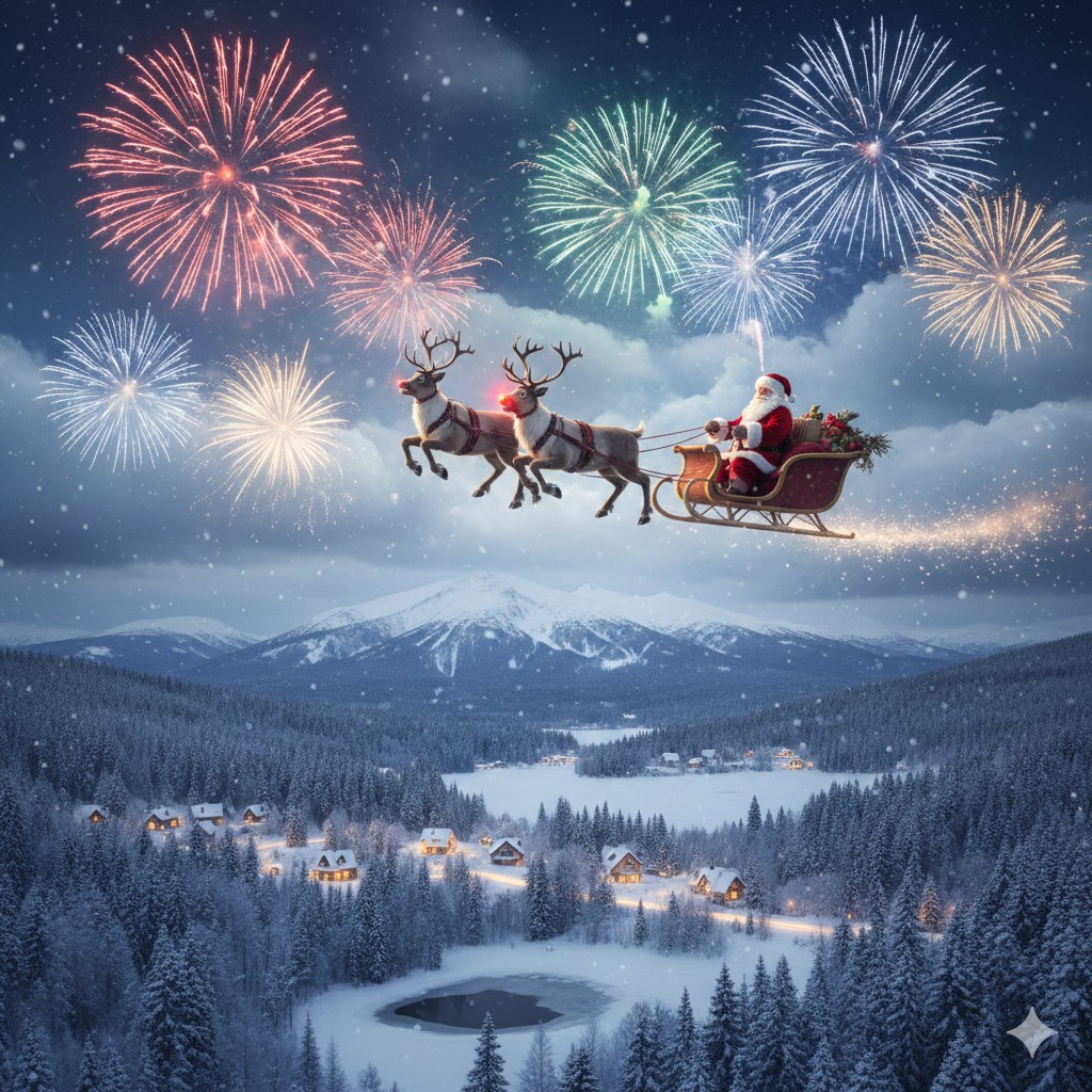 Santa Claus im Schlitten fliegt durch ein Feuerwerk über eine verschneite Landschaft