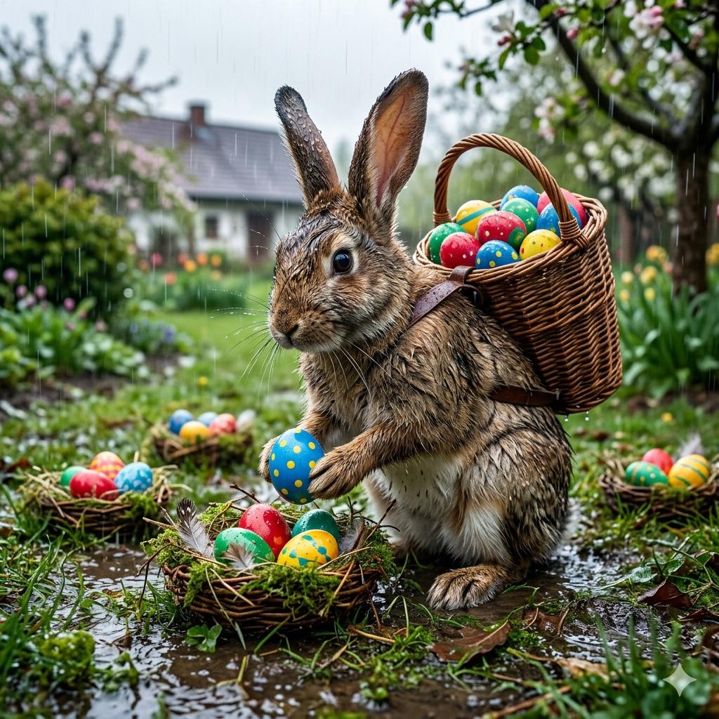 Der Osterhase verteilt Ostereier im Regen...