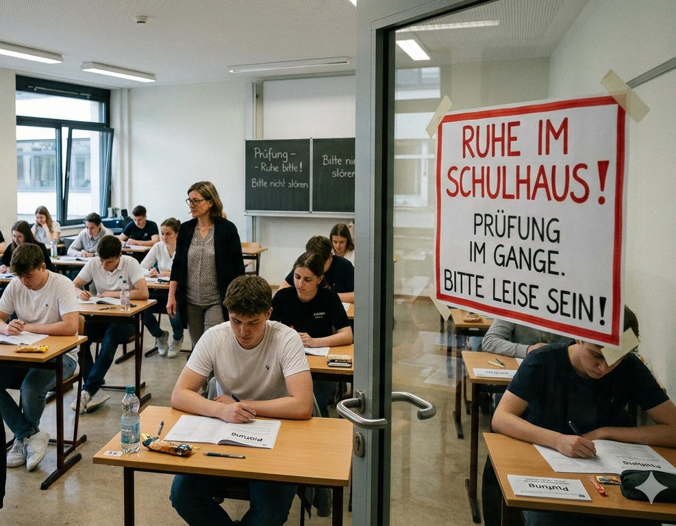 Schülerinnen und Schüler in einer Prüfung mit einer aufsichtsführenden Lehrkraft und einem Schild mit der Beschriftung "Ruhe im Schulhaus! Prüfung im Gange. Bitte leise sein!" - KI-generiert