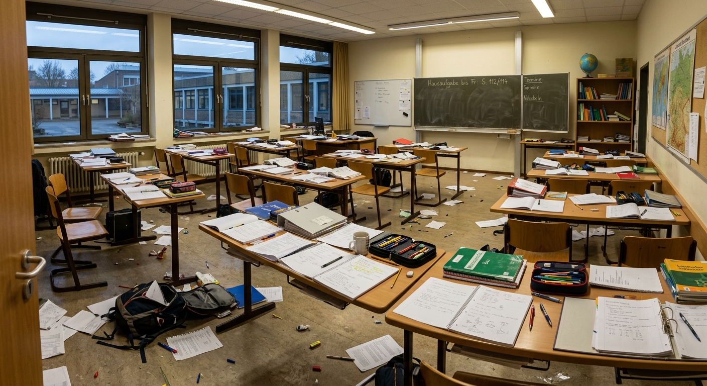 KI-generiertes Bild von einem ziemlich vermüllten Klassenraum